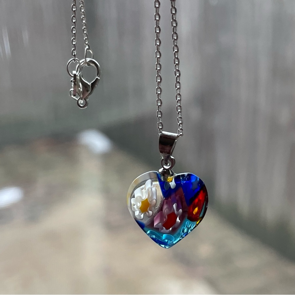 Murano style millefiori art glass heart pendant on 925 sterling silver chain